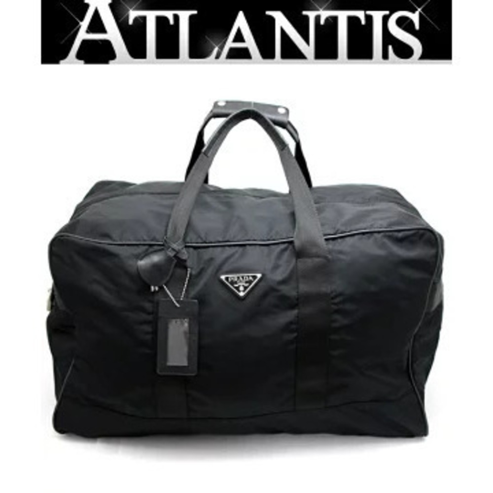 Prada Triangle Logo Boston Bag Travel Leather Black